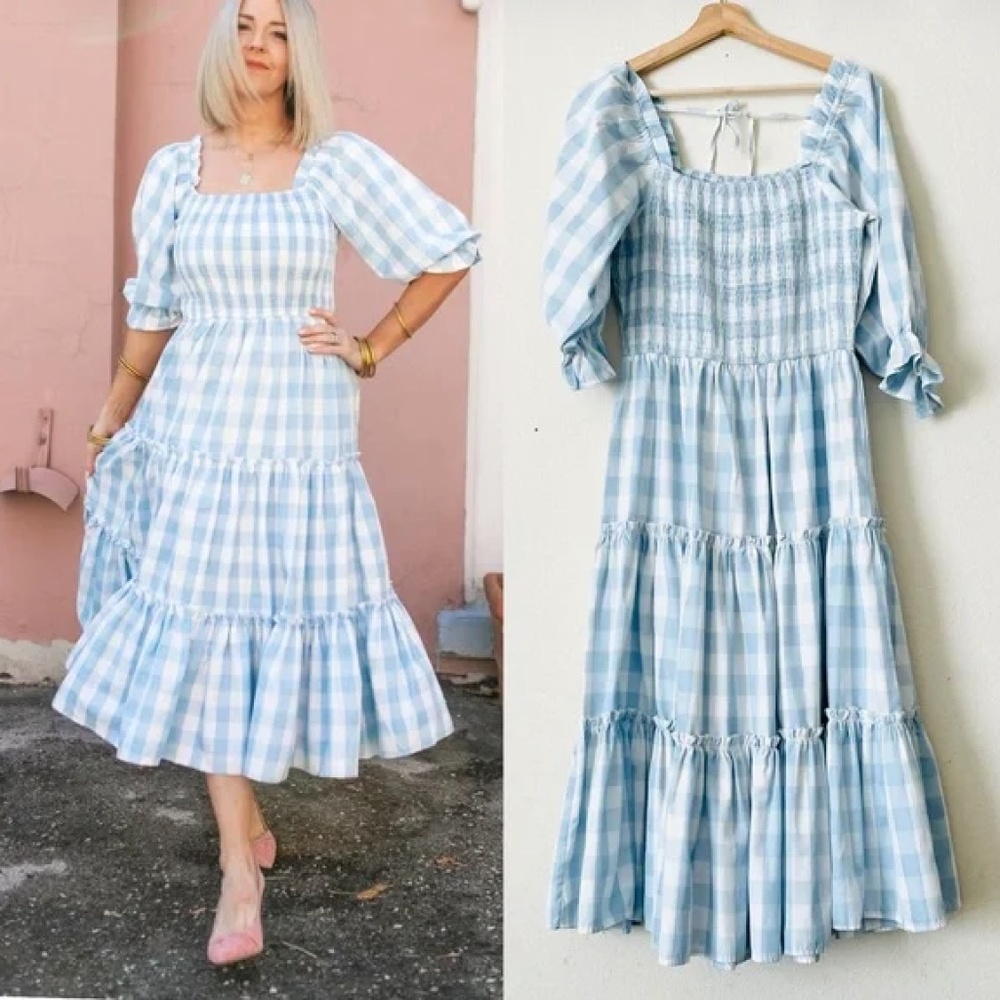 Ivy City Co Mia pastel blue and white gingham checkered dress